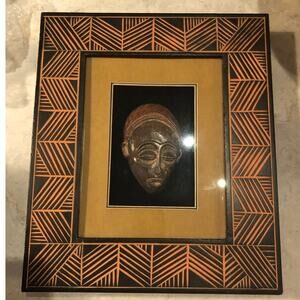 Vintage African Tribal Mask Wooden Shadow Box Black Velvet 3D Abstract Design